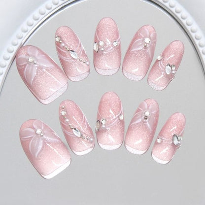 Fainie, Butterfly Rhinestone Cat Eye Almond Press On Nail