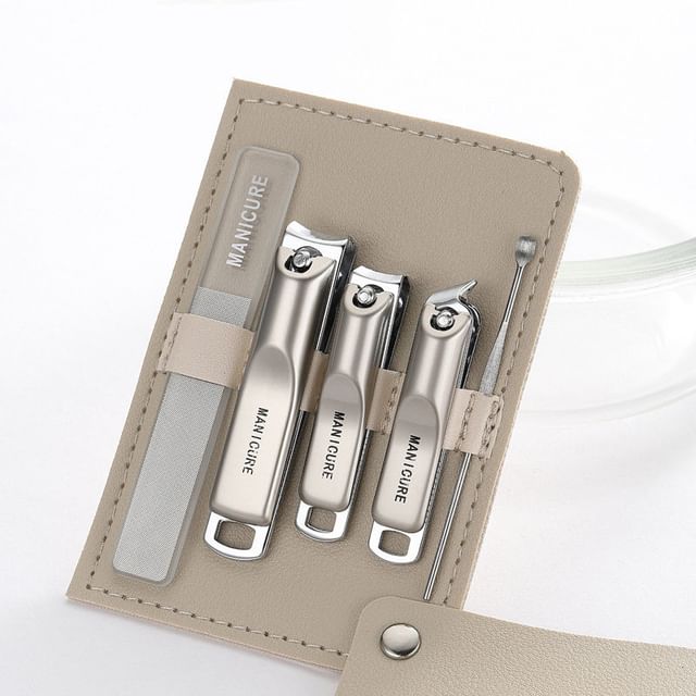 Honeyfluff, Set of 6: Stainless Steel Nail Clipper + Earpick + Nail File + Faux Leather Sleeve