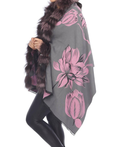 real silver fox trim cashmere blend floral wrap cover-up in grey/pink