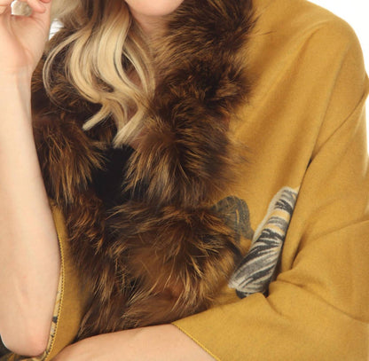 real silver fox trim cashmere blend floral wrap cover-up in mustard