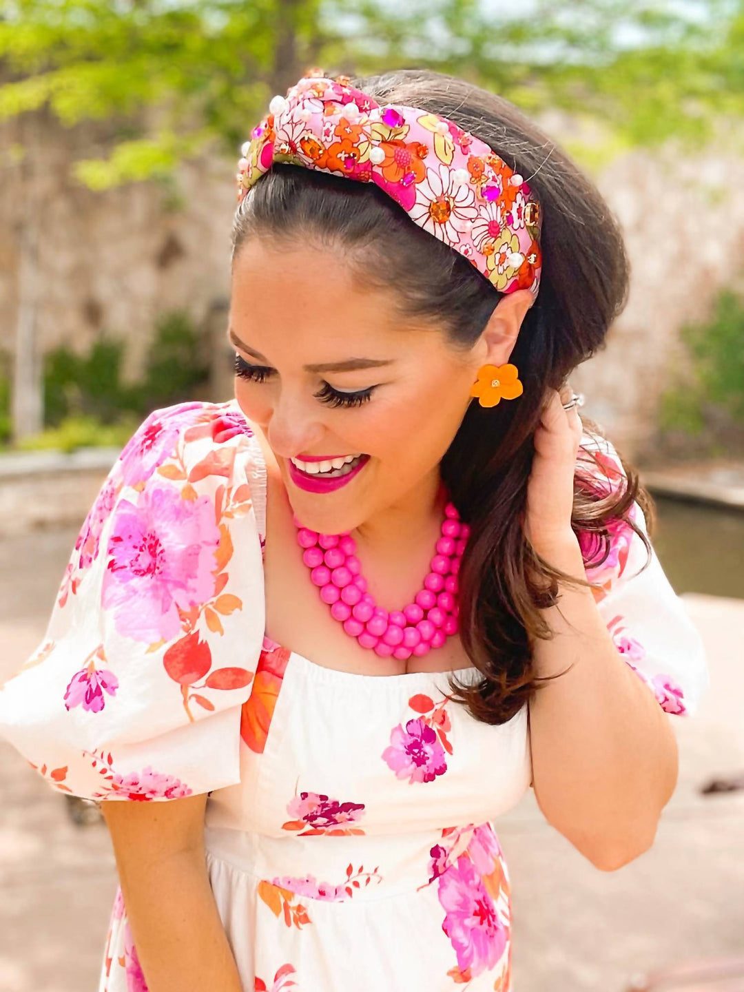 retro floral headband in pink/orange