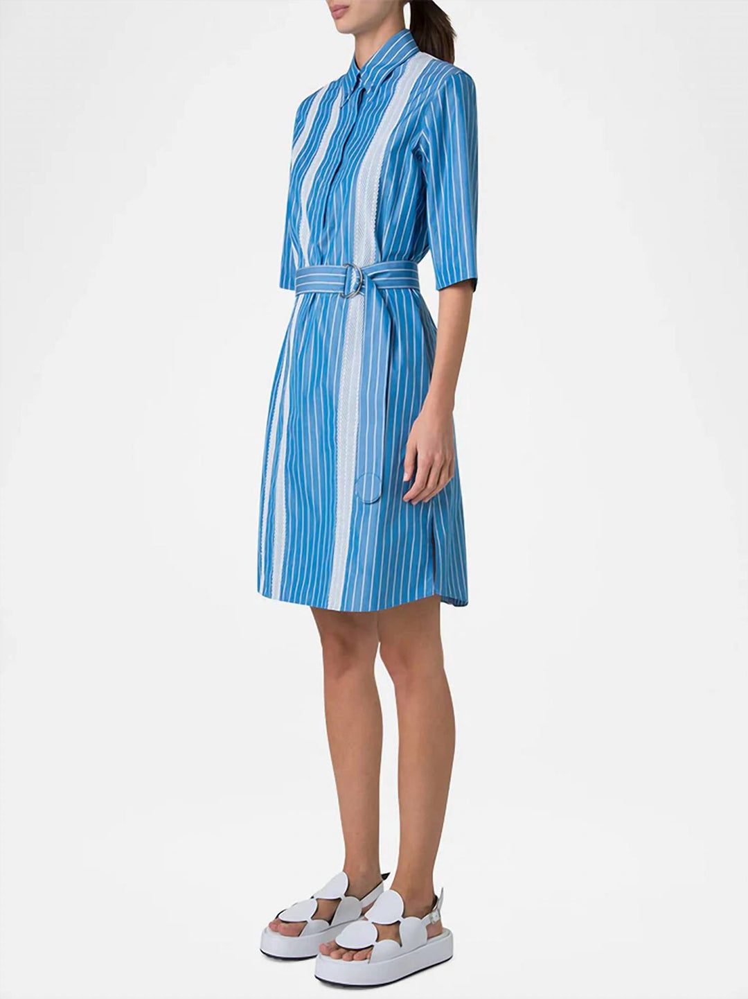 pyjama stripe mandarin collar shirt dress in medium blue/cream
