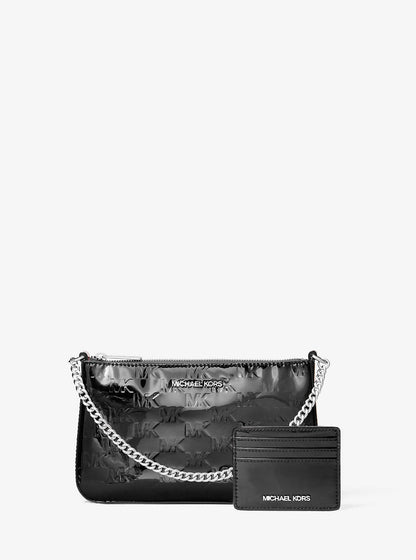 jet set patent logo debossed pochette and card case gift set