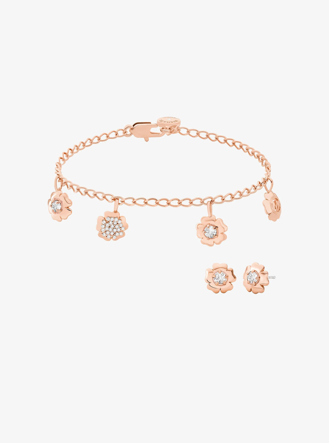pavé flower charm bracelet and stud earrings jewelry set