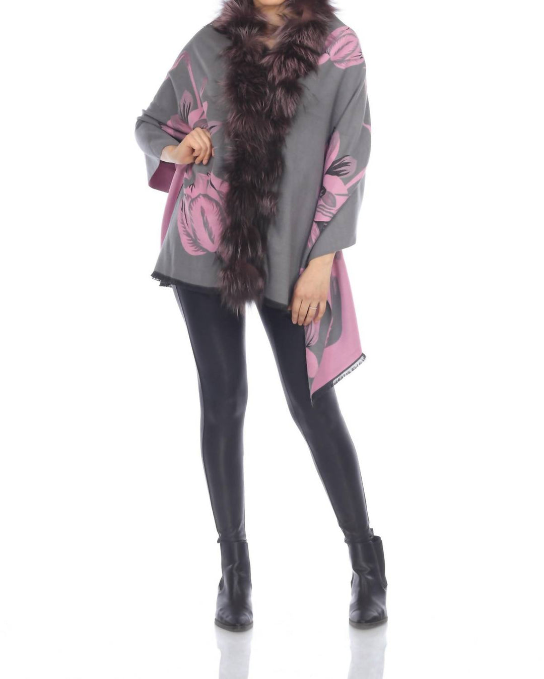 real silver fox trim cashmere blend floral wrap cover-up in grey/pink
