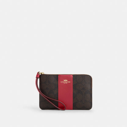 corner zip wristlet in signature canvas with stripe
