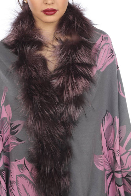 real silver fox trim cashmere blend floral wrap cover-up in grey/pink