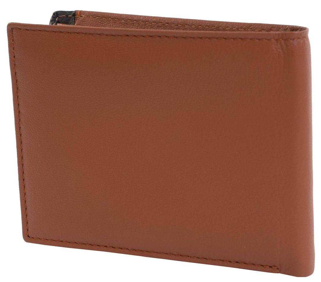 men's goat nappa leather bi-fold wallet in cognac/black