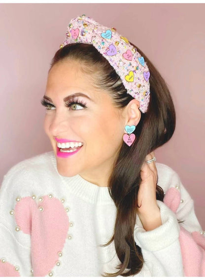 women's tweed heart candy headband in pink