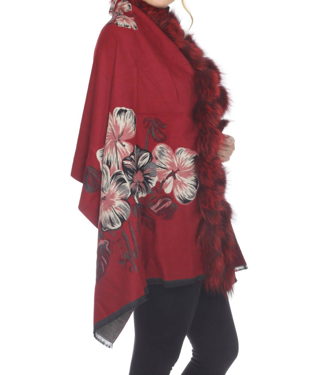 real silver fox trim cashmere blend floral wrap cover-up in wine/black