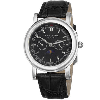 Akribos Black Dial Stainless Steel Black Leather Men's Watch