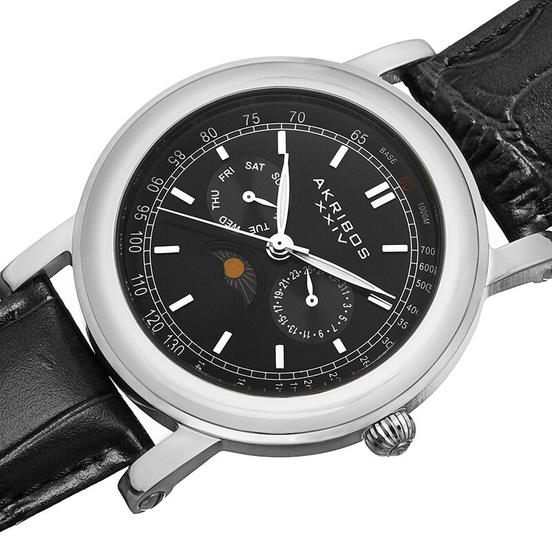 Akribos Black Dial Stainless Steel Black Leather Men's Watch