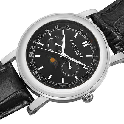 Akribos Black Dial Stainless Steel Black Leather Men's Watch