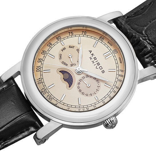 Akribos Cream Dial Black Leather Men's Watch