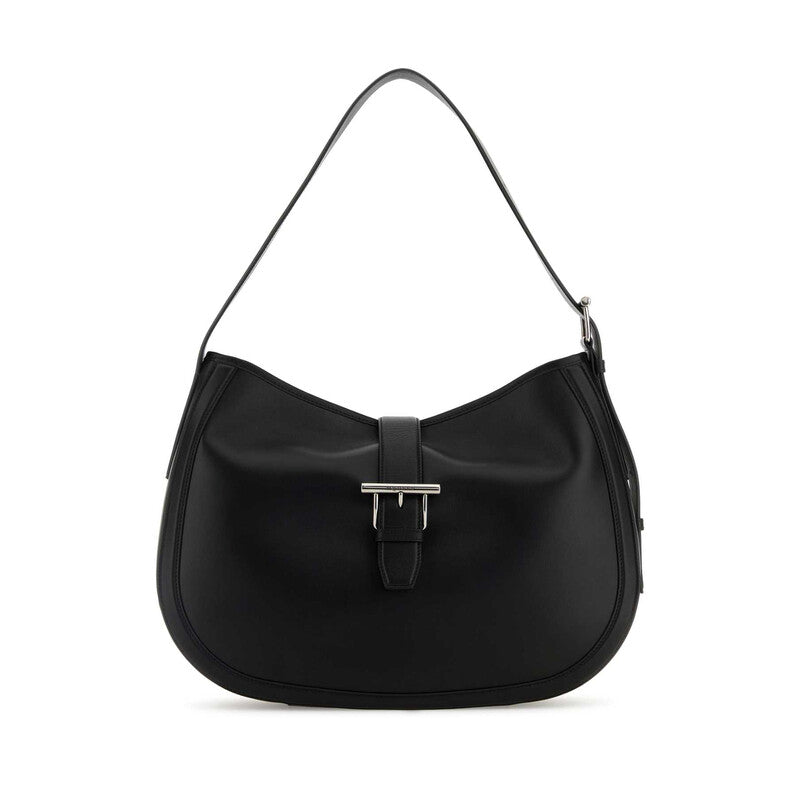 Black Shoulder Bag With Adjustable Shoulder Strap And T Buckle Closure On The Front In Leather
