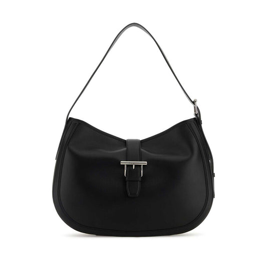Black Shoulder Bag With Adjustable Shoulder Strap And T Buckle Closure On The Front In Leather