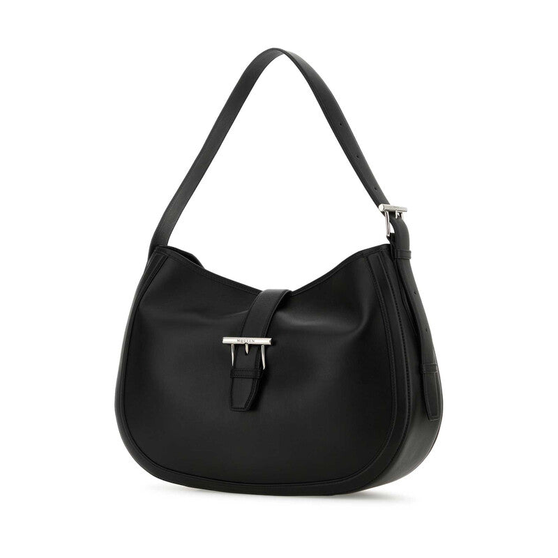 Black Shoulder Bag With Adjustable Shoulder Strap And T Buckle Closure On The Front In Leather