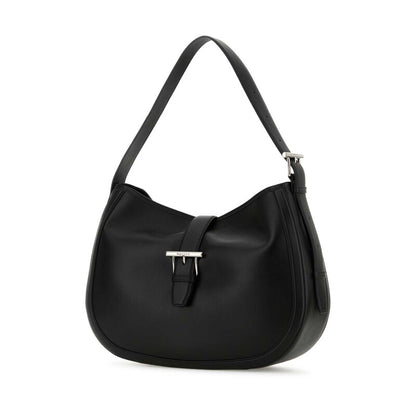 Black Shoulder Bag With Adjustable Shoulder Strap And T Buckle Closure On The Front In Leather