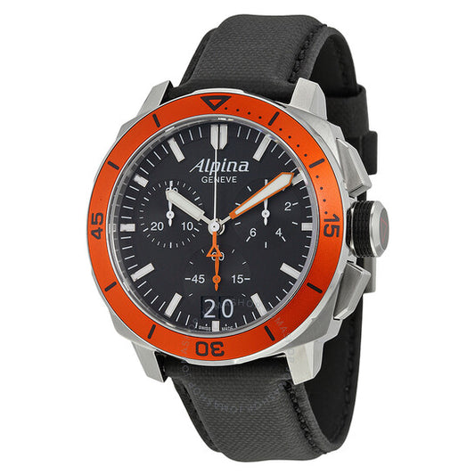 Alpina, Seastrong Diver 300 Big Date Chronograph Black Dial Black Leather Men's Watch