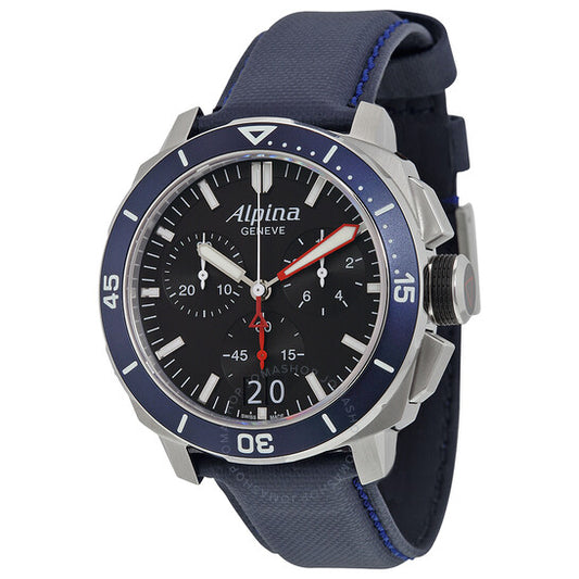 Alpina, Seastrong Diver 300 Big Date Chronograph Black Dial Navy Leather Men's Watch