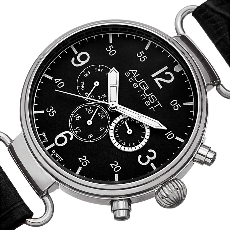 Black Dial Black Leather Men's Watch