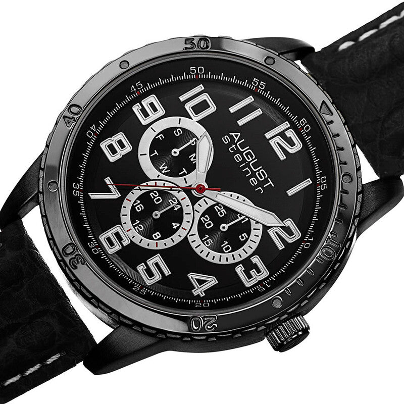Black Dial Black Leather Men's Watch