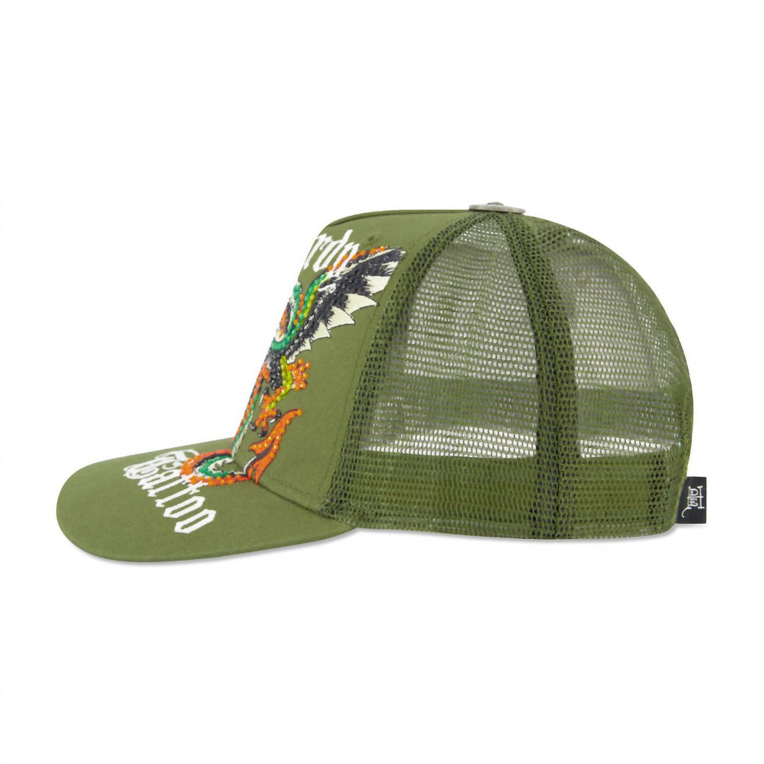 men's rhinestone dragon wings hat in olive
