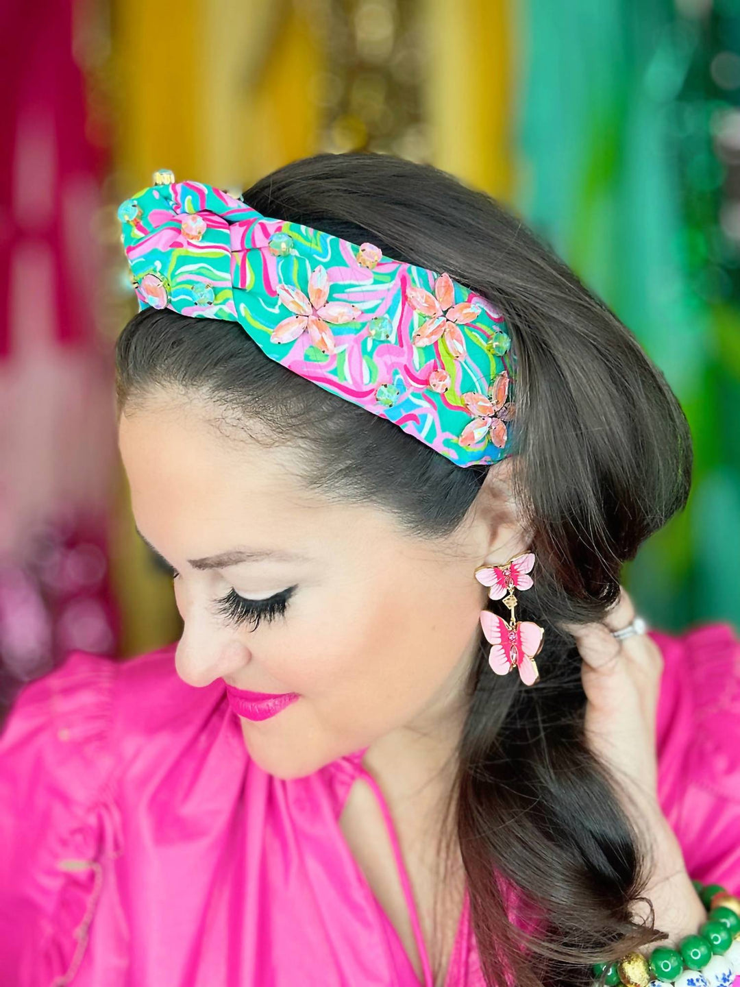 spring floral headband in pink/green
