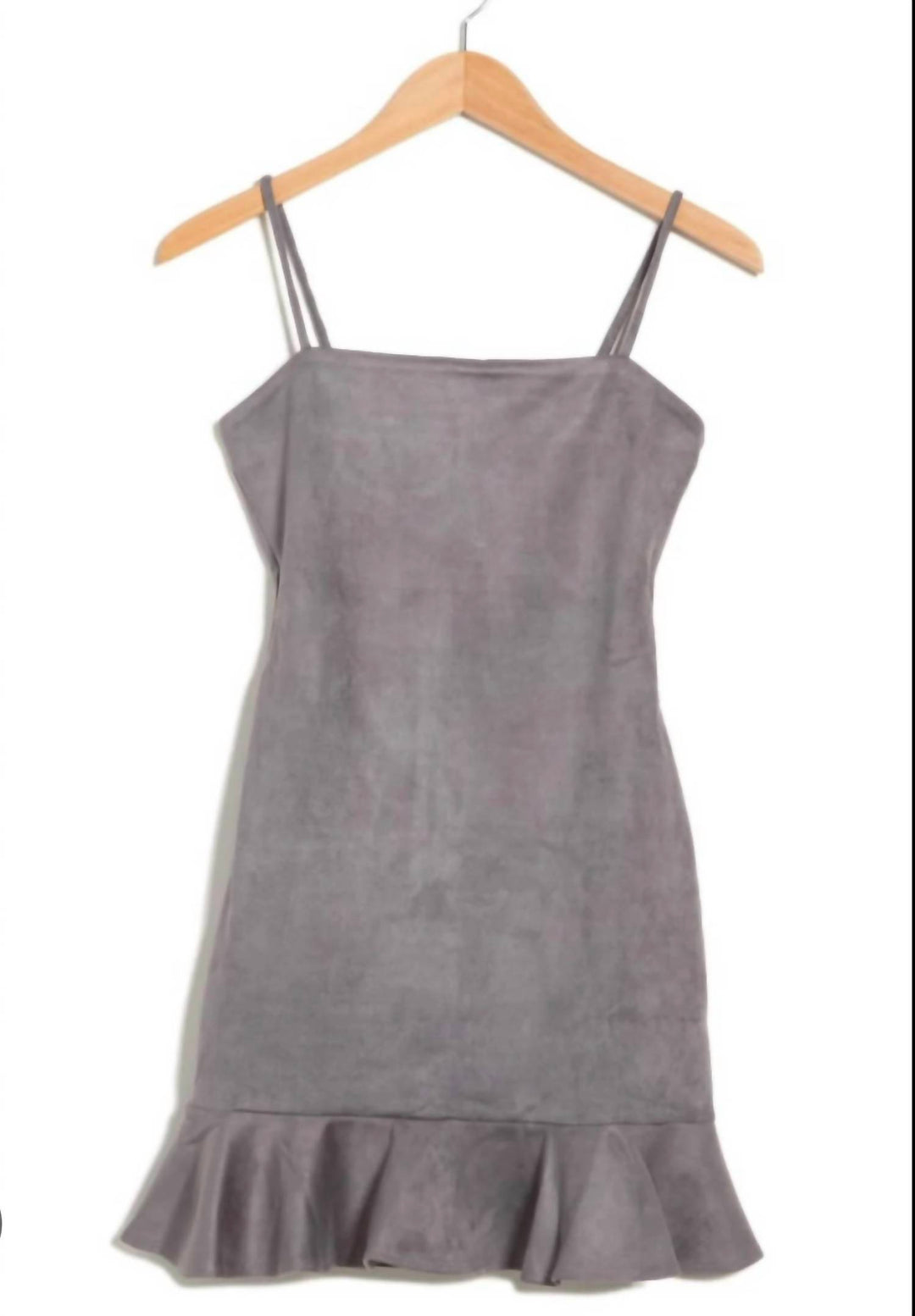 string ruffle faux suede mini dress in silver