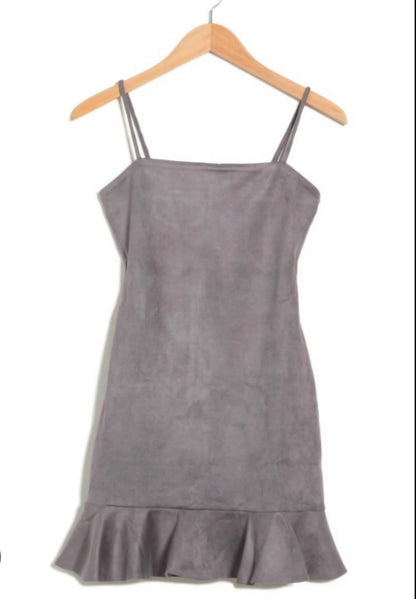 string ruffle faux suede mini dress in silver