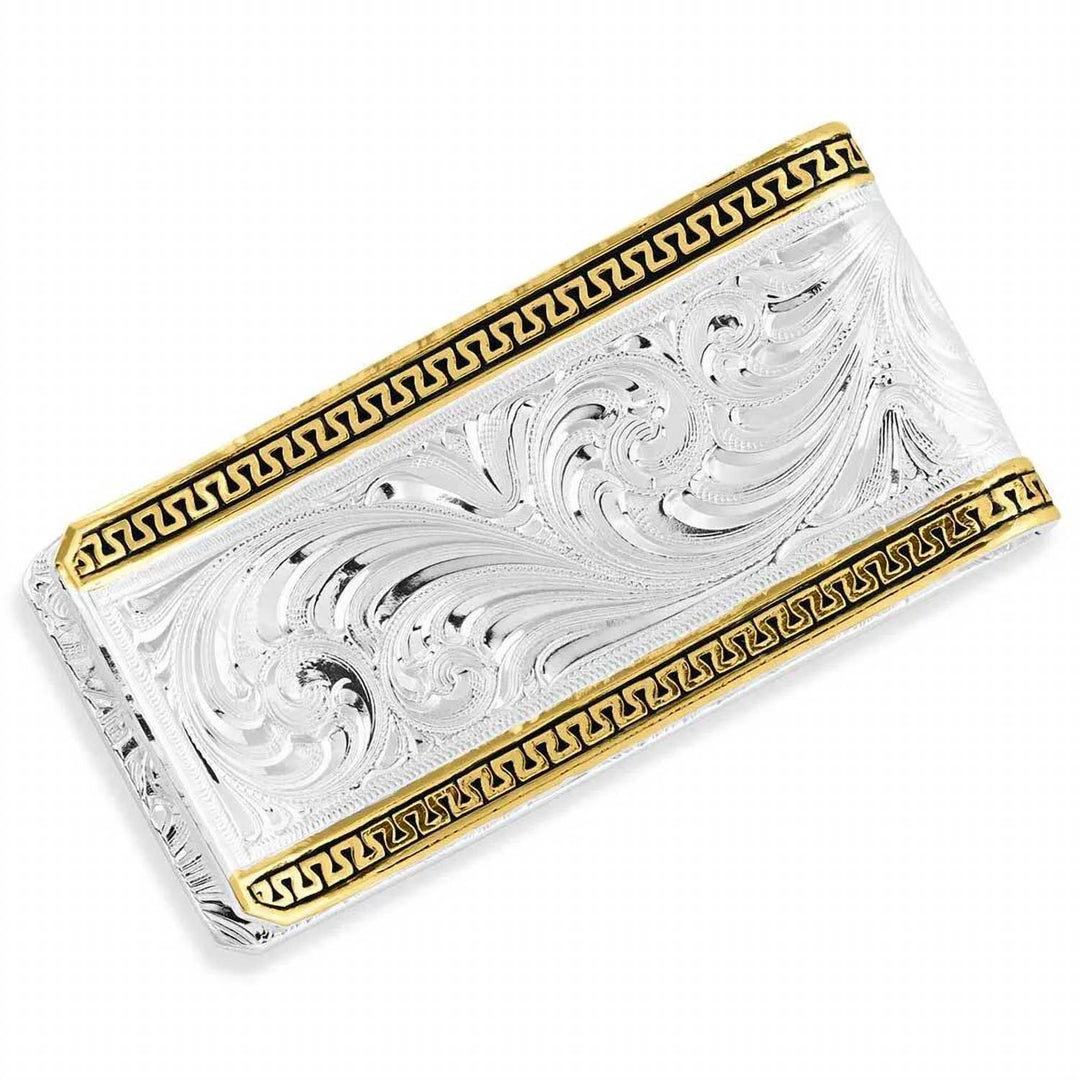 two-tone carved longhorn money clip in silver and gold