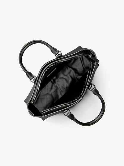 arden medium pebbled leather and signature logo top-zip satchel