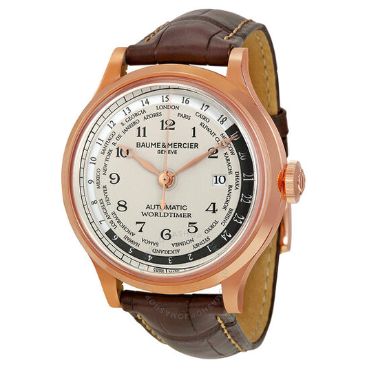 Baume Et Mercier, Baume And Mercier Capeland Worldtimer Beige Dial 18kt Rose Gold Brown Leather Men's Watch 10107