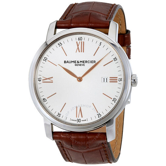 ساعة رجالية من الجلد البني بمينا فضي من بوم إي ميرسييه كلاسيما
