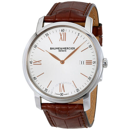 ساعة رجالية من الجلد البني بمينا فضي من بوم إي ميرسييه كلاسيما