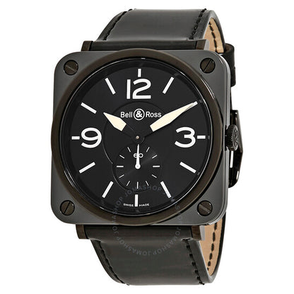 ساعة بيل آند روس للرجال، مصنوعة من الجلد الأسود، بمينا أسود، بتصميم طيران