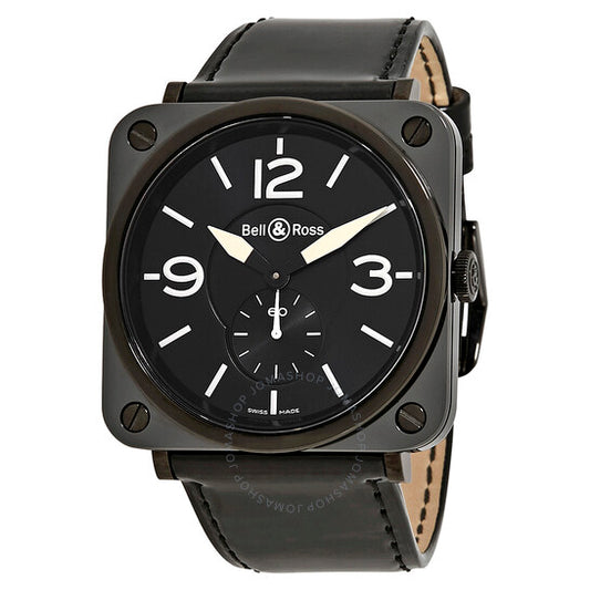 ساعة بيل آند روس للرجال، مصنوعة من الجلد الأسود، بمينا أسود، بتصميم طيران