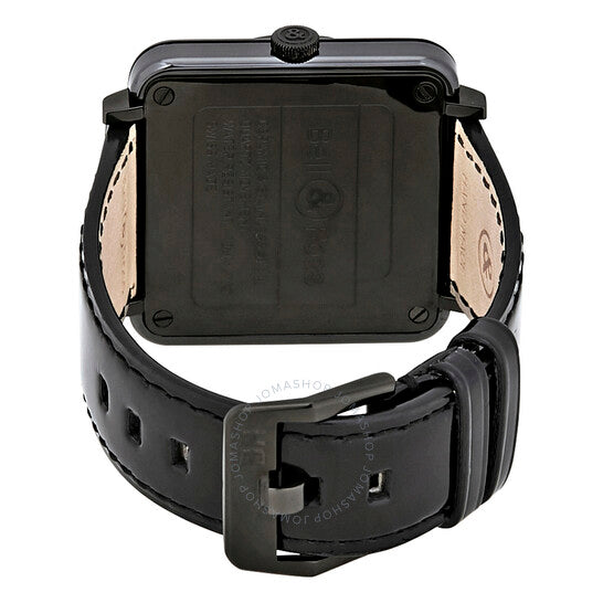 ساعة بيل آند روس للرجال، مصنوعة من الجلد الأسود، بمينا أسود، بتصميم طيران