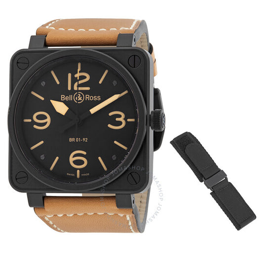 Bell And Ross, Heritage Black Dial Tan Leather Men's Watch BR01-92-HERITAGE