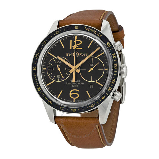 Bell And Ross, Sport Heritage Flyback Automatic Black Dial Tan Leather Men's Watch