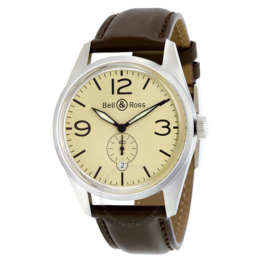 ساعة بيل آند روس للرجال، أوتوماتيكية عتيقة، مينا بيج، جلد بني