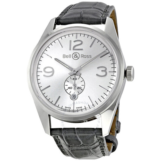 ساعة بيل آند روس، أوتوماتيك للرجال، طراز Vintage Officer، بمينا فضي وحزام من جلد التمساح الرمادي، BR123-OFFICER-SIL
