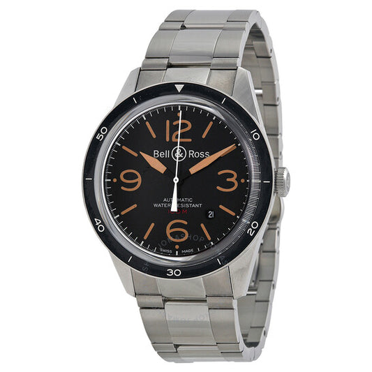 ساعة بيل آند روس الرياضية الكلاسيكية للرجال بمينا أسود من الفولاذ المقاوم للصدأ BRV123-ST-HER-SST