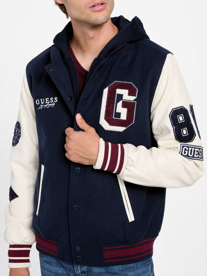 mark hooded varsity jacket