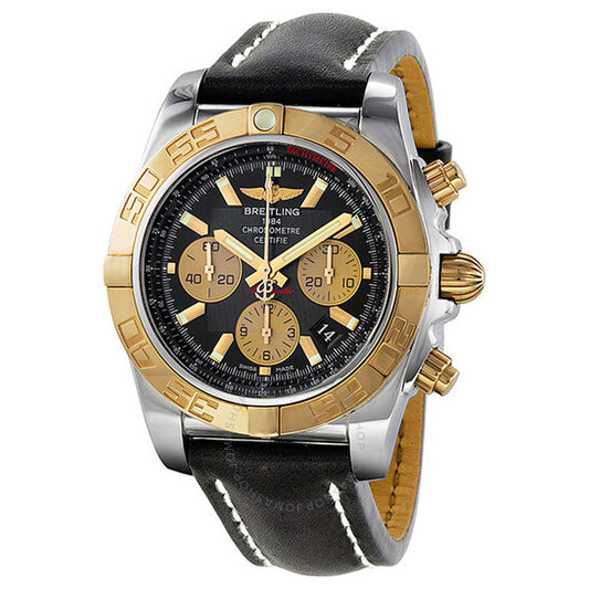 بريتلينغ، ساعة كرونومات 44 أوتوماتيكية للرجال بمينا أسود وجلد أسود CB011012-B968BKLT