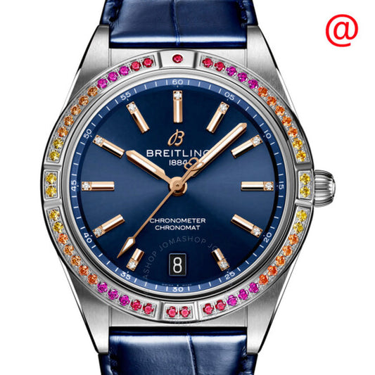ساعة بريتلينج كرونومات أوتوماتيكية للسيدات بمينا أزرق وكريستال ألماس