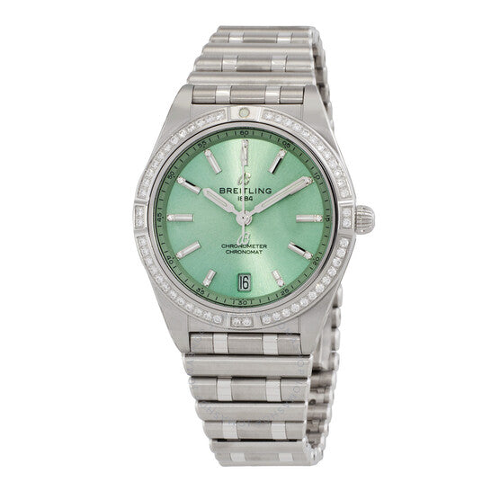 ساعة بريتلينج كرونومات أوتوماتيكية للسيدات بمينا أخضر من الألماس