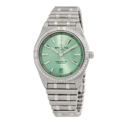 ساعة بريتلينج كرونومات أوتوماتيكية للسيدات بمينا أخضر من الألماس