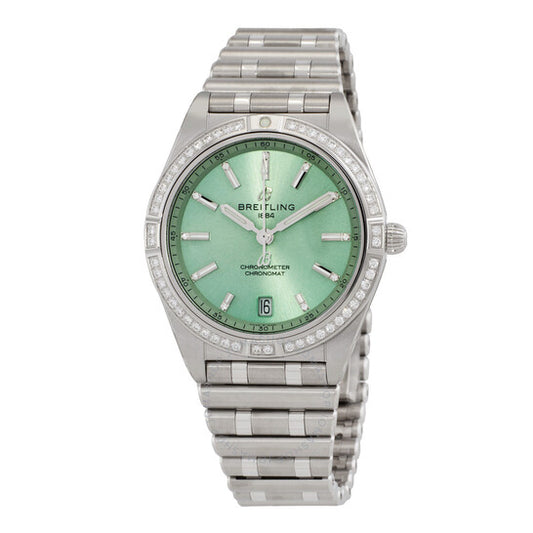 ساعة بريتلينج كرونومات أوتوماتيكية للسيدات بمينا أخضر من الألماس