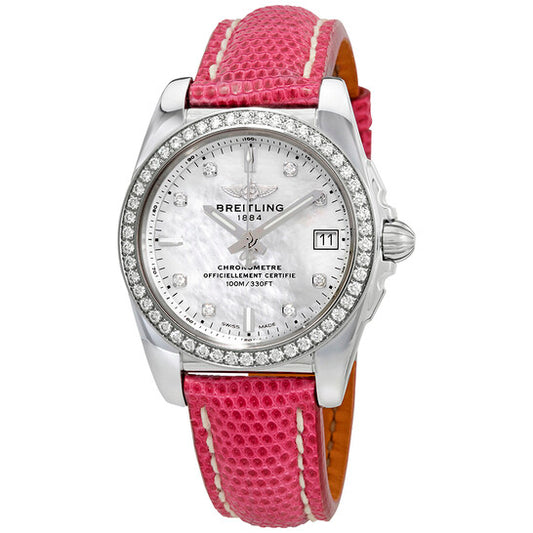 ساعة بريتلينج جالاكتيك 36 النسائية المصنوعة من الجلد والمرصعة بمينا من عرق اللؤلؤ والألماس